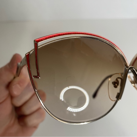 Yves Saint Laurent Vintage 80s Cat Eye Sunglasses Red Sparkle Enamel Gold Frame - Picture 11 of 16